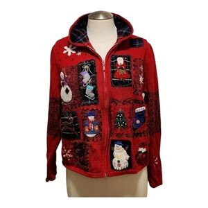 Studio Fa La La Red Zip Holiday Sweater – Embroidered Snowman Patchwork, M